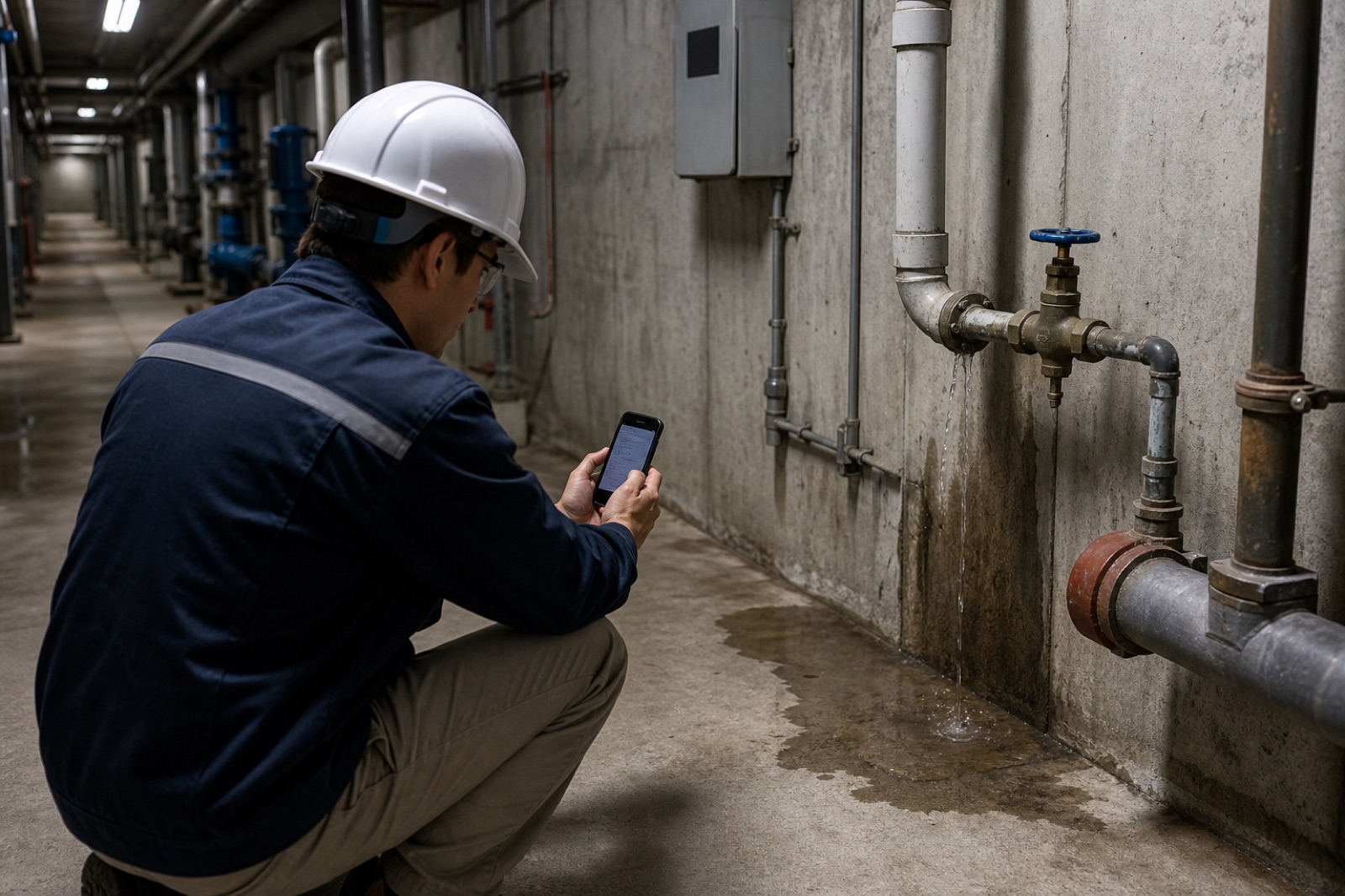 Inspector documenting a pipe leak with a phone in a basement plant corridor